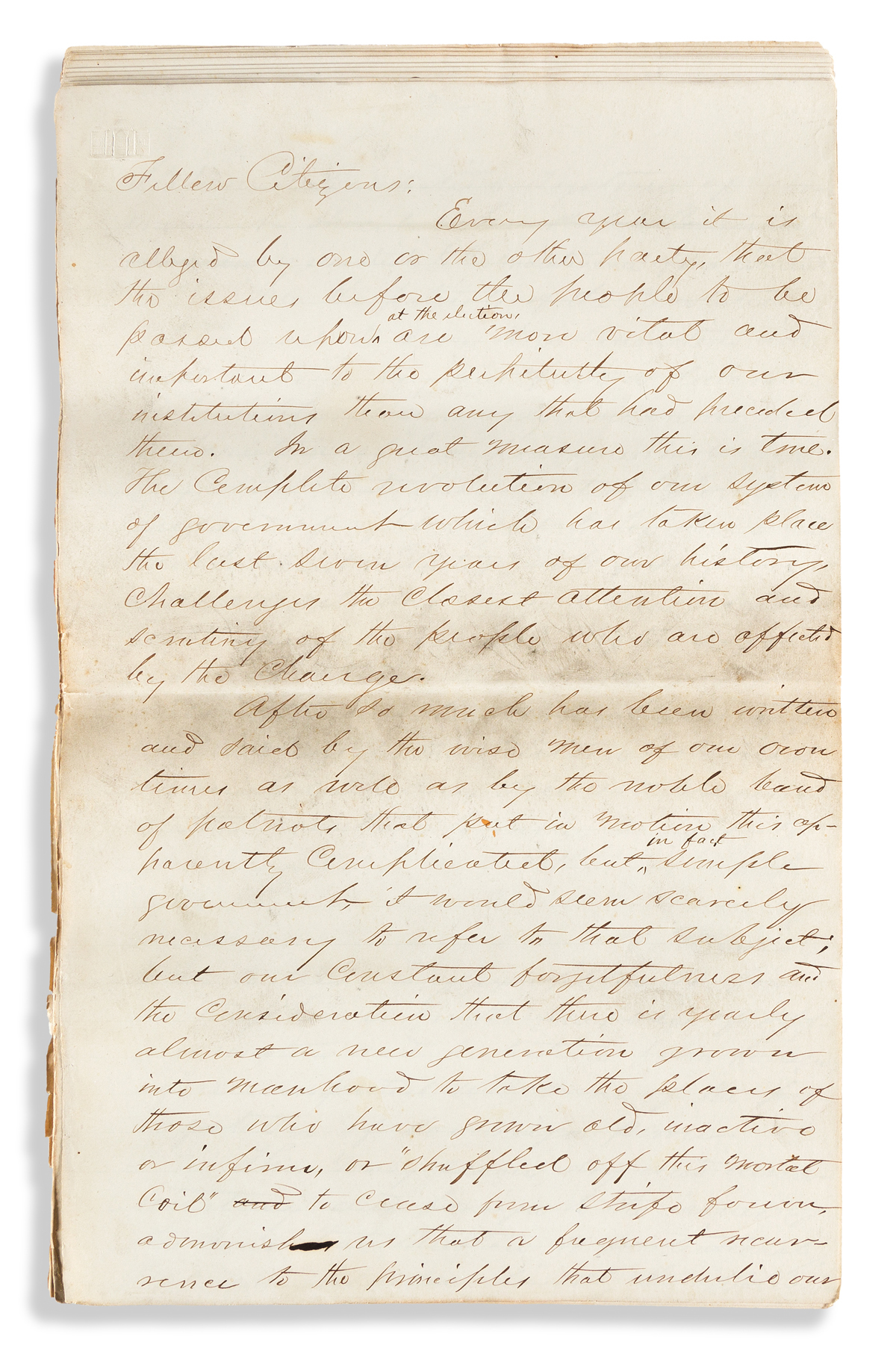 (PRESIDENTS--1868 CAMPAIGN.) Manuscript oration in support of the Democratic Party ticket delivered in rural Ohio.